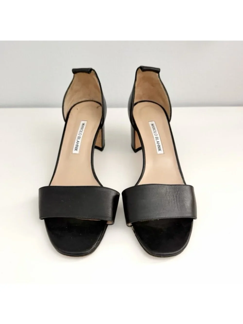 Manolo Blahnik Black Leather Peep Toe Sandal Block Heel Sz 40 / US 10 : NO STRAP